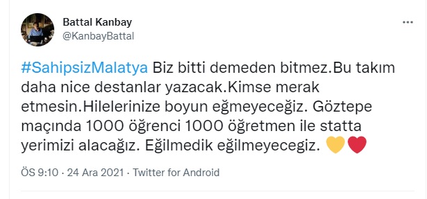 Milli Eğitim Müdürü Battal Kanbay, Yeni Malatyaspor’un Göztepe maçında statta bin öğrenci ve bin öğretmen ile birlikte tribünde olacaklarını açıkladı.