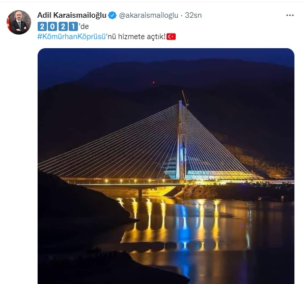 Ulaştırma ve Altyapı Bakanı Adil Karaismailoğlu, 2021 yılına ilişkin paylaşımlarında Kömürhan Köprüsünü fotoğrafını da de sosyal medyasında yayınladı.