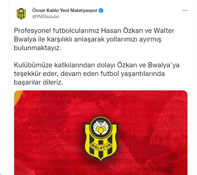 Süper lig ekiplerinden Öznur Kablo Yeni Malatyaspor’da bu sezon transfer ettiği Hasan Özkan ve Walter Bwalya ile yollar ayrıldı.