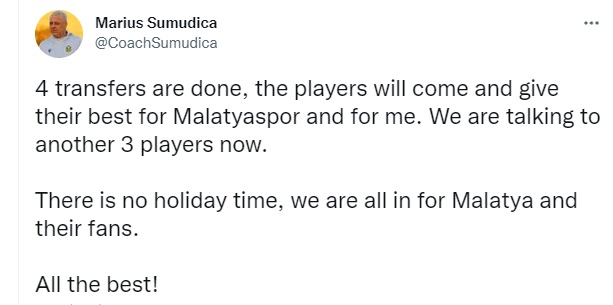 Öznur Kablo Yeni Malatyapor Teknik Direktörü Marius Sumudica, sosyal medya hesabında transfer çalışmaları hakkında açıklamalarda bulundu.