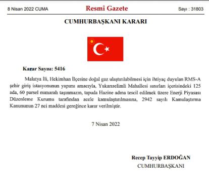 Erdoğan imzası ile Hekimhan'a doğalgaz için arazi kamulaştırılması