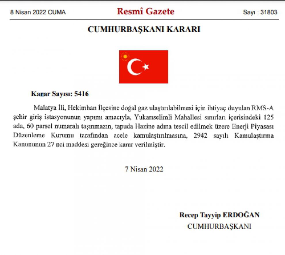 Erdoğan imzası ile Hekimhan’a doğalgaz için arazi kamulaştırılması