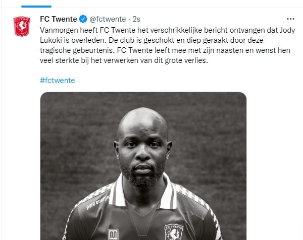 FC Twente Kulubü ile geçtiğimiz şubat ayında özel hayatındaki bazı durumlar nedeniyle  sözleşmesi sona eren Demokratik Kongolu  29 yaşındaki  Jody Lukoki’nin kesin ölüm nedeni hakkında herhangi bir açıklama yapılmadı.