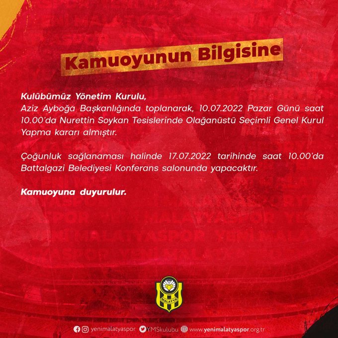 Yeni Malatyaspor’un 26 Haziran’da gerçekleştirilen ve gelmediği halde son dakikada salonda hazırlanan liste ile başkan seçilen Aziz Ayboğa ve yönetimi istifa etti. Yeni genel kurul 17 Temmuz’da yapılacak.