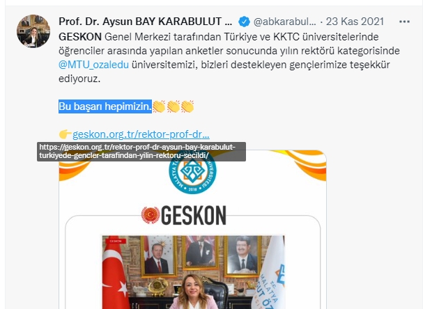 Malatya Turgut Özal Üniversitesi (MTÜ) Rektörü Aysun Bay Karabulut'un, bu göreve geldikten sonra mal varlığındaki aşırı artışla ilgili haberlerin gündeme gelmesinin ardından saatler içerisinde yaptığı organizasyonla, tanınmayan- bilinmeyen bir kuruluş tarafından, Türkiye ve KKTC'deki tüm üniversitelerin öğrencilerinin katıldığı oylamayla 'Yılın Rektörü' seçildiğine ilişkin ciddiyeti ve inandırıcılığı bulunmayan senaryoya karşın, rektörlerle ilgili 47 bin üniversite öğrencisine sorularak yapılan anketle başarılı rektörler belirlendi