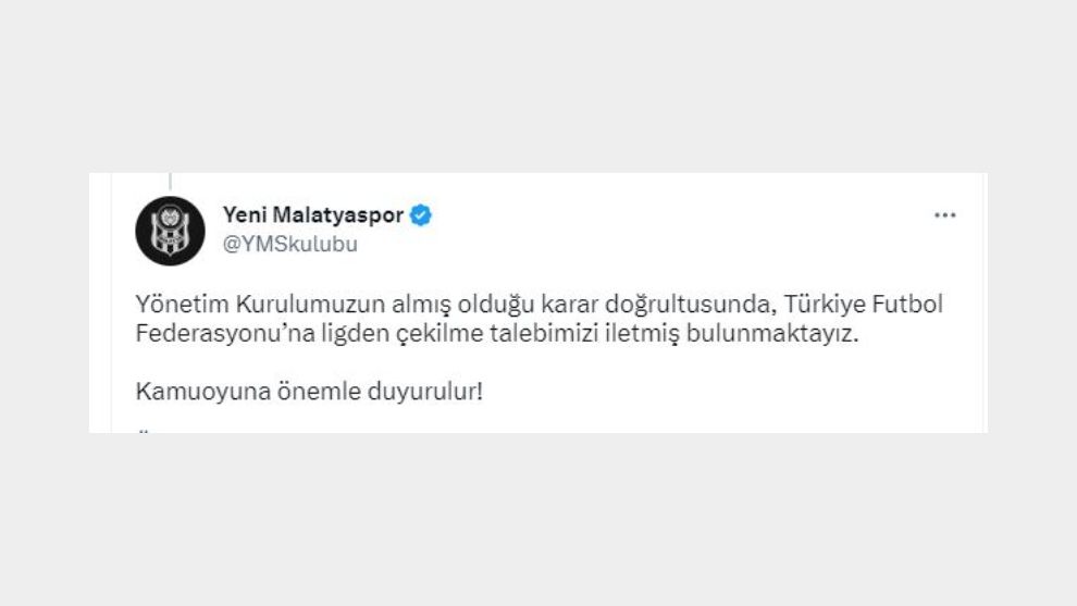 Yeni Malatyaspor ligden çekilme talebini TFF'ye bildirdi
