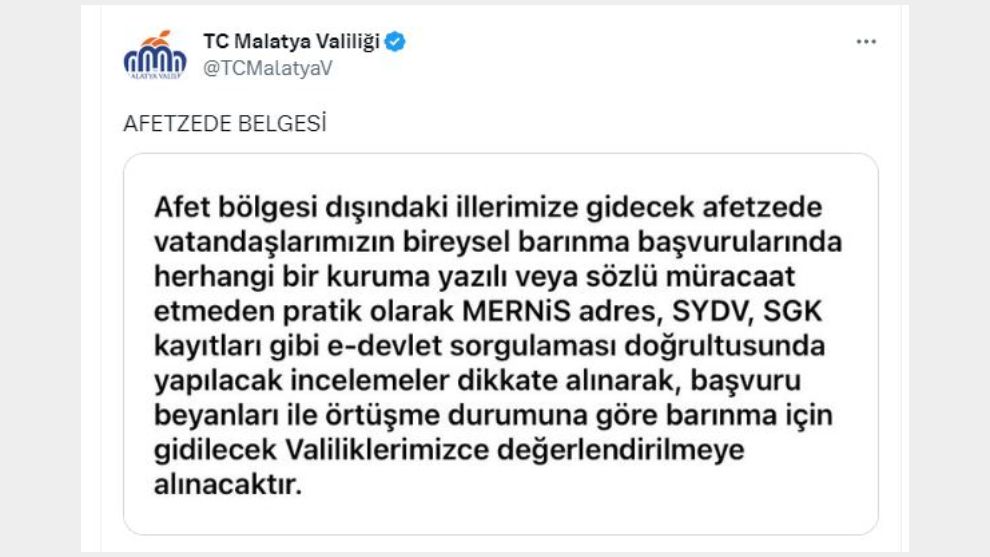 Valilikten Afetzede Belgesi uyarısı