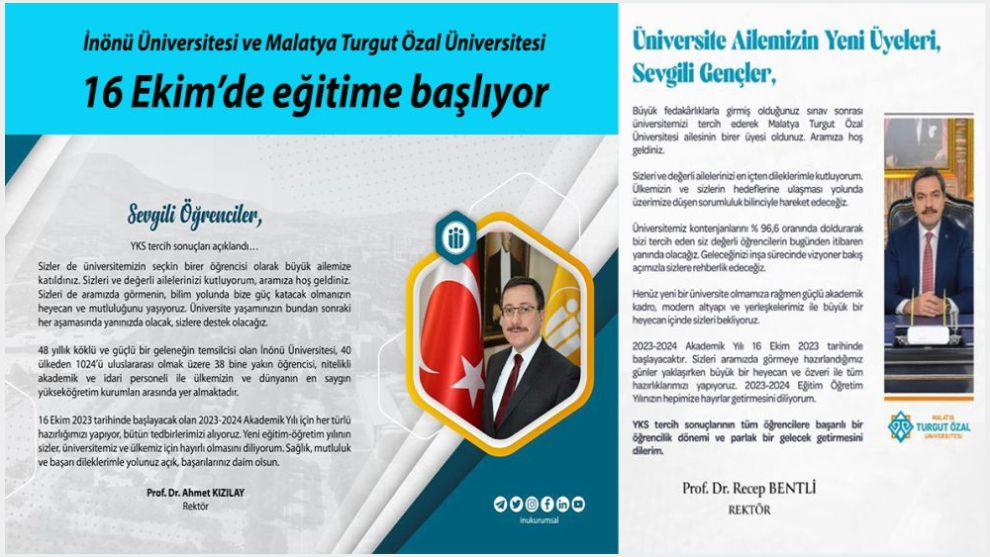 İnönü Üniversitesi ve Malatya Turgut Özal Üniversitesi 16 Ekim'de eğitime başlıyor