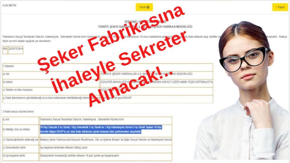 Şeker Fabrikasına İhaleyle Sekreter Alınacak!..