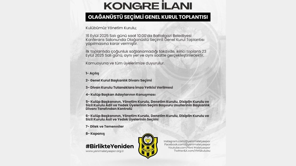 Yeni Malatyaspor'dan Olağanüstü Seçimli Genel Kurul Kararı
