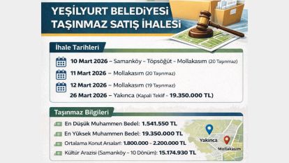 Yeşilyurt Belediyesi Mollakasım, Yakınca ve Samanköy'de 60 Taşınmazı Satıyor