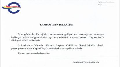 Esenlik Genel Müdürü Veysel Tay'ın İstifası Onaylandı