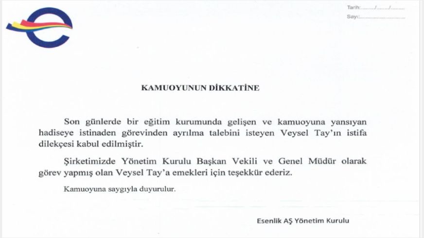 Esenlik Genel Müdürü Veysel Tay'ın İstifası Onaylandı