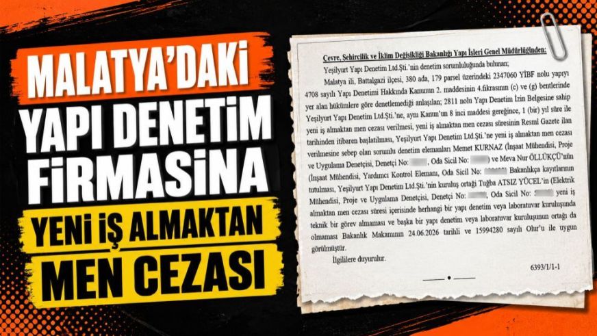 Malatya'daki Yapı Denetim Firmasına Yeni İş Almaktan Men Cezası